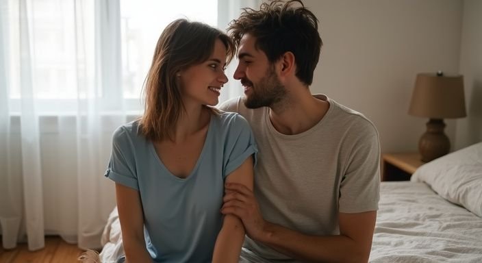 Een man en vrouw delen een intieme moment in hun slaapkamer.
