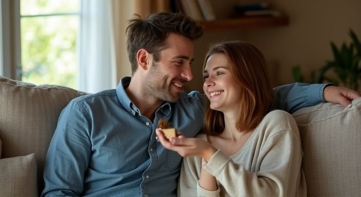 Een man en vrouw delen een intiem moment op de bank en gaan hun seksleven verbeteren.