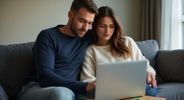 Een man en vrouw bekijken samen een datingsite op een laptop. Een man en vrouw bekijken samen een datingsite op een laptop.