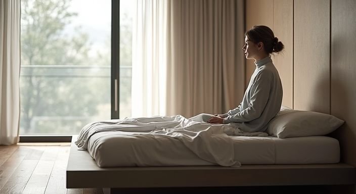 Een persoon zit op een modern bed in een minimalistische slaapkamer. Een persoon zit op een modern bed in een minimalistische slaapkamer.