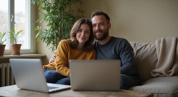 Een gezellig stel zit samen op een bank met laptops. Een gezellig stel zit samen op een bank met laptops.