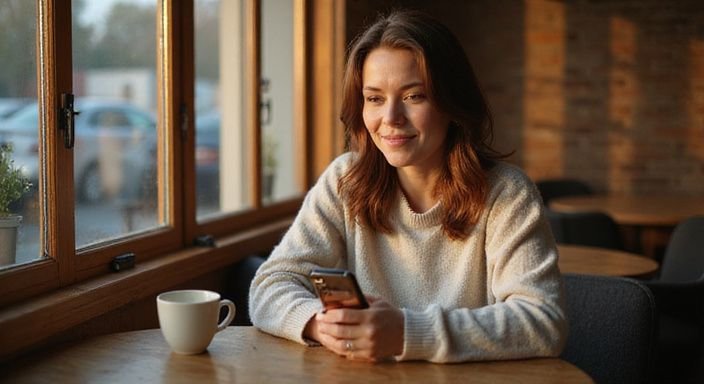 Een vrouw in een cafe met een smartphone en een zachte glimlach. Een vrouw in een cafe met een smartphone zoekt naar sexcontact Antwerpen.