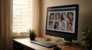 Een persoon bekijkt advertenties voor intieme diensten op een bureau