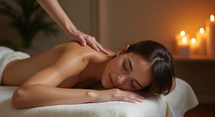Een vrouw geniet van een ontspannende massage op een tafel. Een vrouw geniet van een ontspannende massage op een tafel.