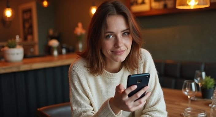Een jonge vrouw in een café, swipeend op een datingapp. Een jonge vrouw in een café, swipeend op een datingapp op zoek naar sexcontact Antwerpen.