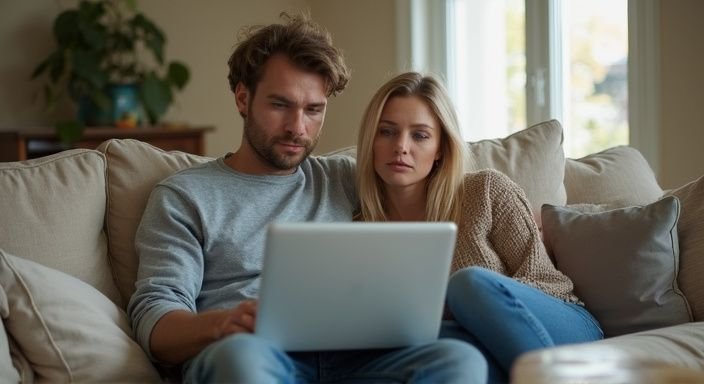 Een man en vrouw zoeken samen op een laptop naar sexcontact in Vlaanderen.