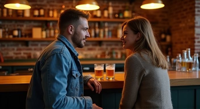 Een man en een vrouw zitten samen aan de bar, ontspannen en glimlachend.