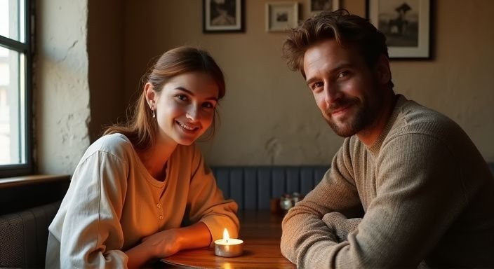 Een middel ouder koppel geniet van een intiem gesprek over v in een bistro.