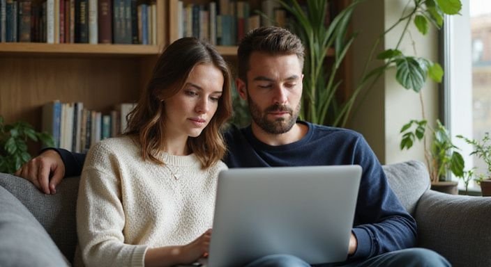 Een vrouw en man zitten samen, zoekend op een laptop naar sexcontact in Vlaanderen.