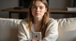 Een jonge vrouw in een comfortabele woonkamer met een smartphone