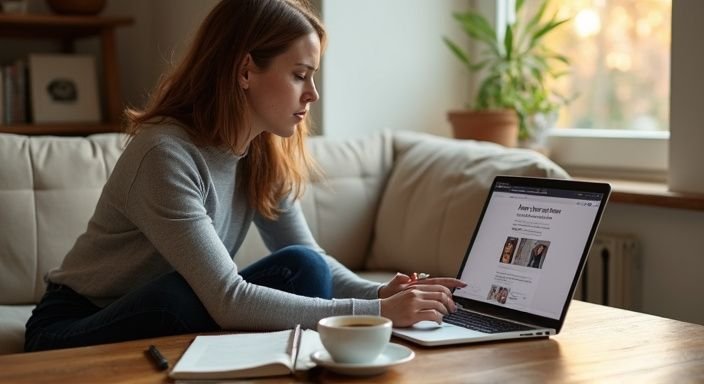 Een vrouw in een grijs sweater zoekt online naar sexcontact in Vlaanderen.