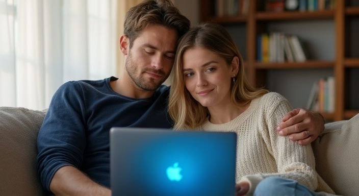 Een man en vrouw zitten samen op een bank met een laptop.