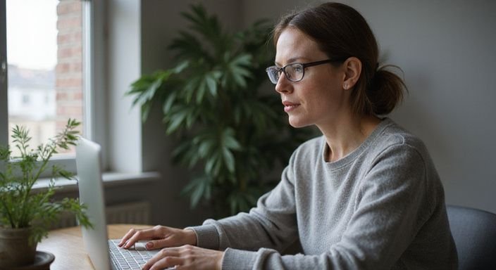 Een vrouw in een grijs shirt werkt geconcentreerd achter een bureau. Een vrouw in een grijs shirt werkt geconcentreerd achter een bureau