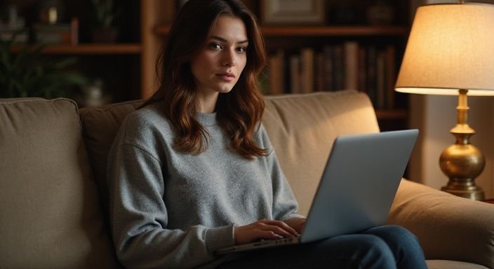 Een vrouw in een grijs sweater zit ontspannen op een bank. Een vrouw in een grijs sweater zit ontspannen op een bank