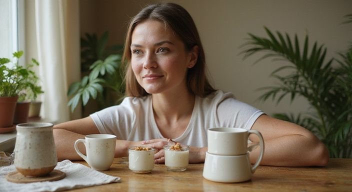Een persoon glimlacht naast een zorgvuldig gerangschikte verzameling voorwerpen. Een persoon glimlacht naast een zorgvuldig gerangschikte verzameling voorwerpen