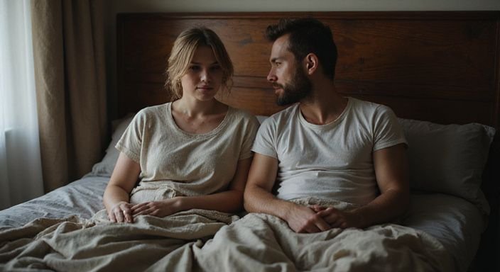 Een man en vrouw zitten in stilte op een bed. Een man en vrouw zitten in stilte op een bed