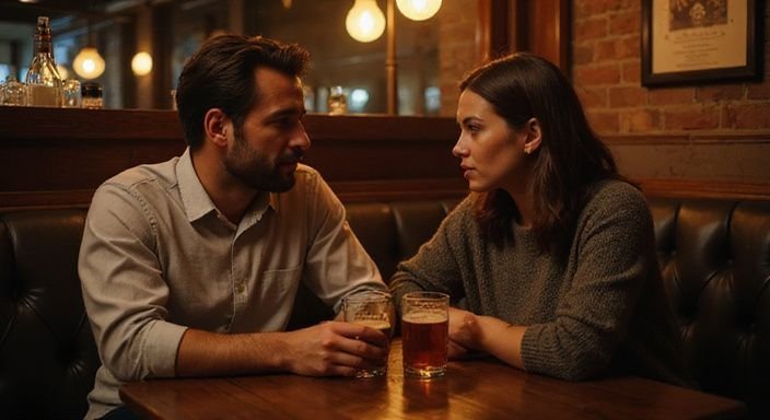 Een man en vrouw delen een intiem moment in een bar. Een man en vrouw delen een intiem moment in een bar