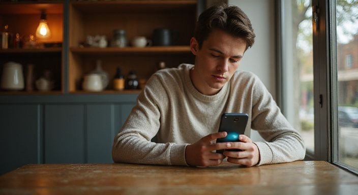 Een persoon zit alleen aan een tafel in een café en wil een sexpartner online vinden.