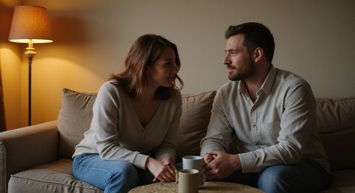 Twee mensen zitten op een bank en voeren een gesprek over een sexpartner online vinden.