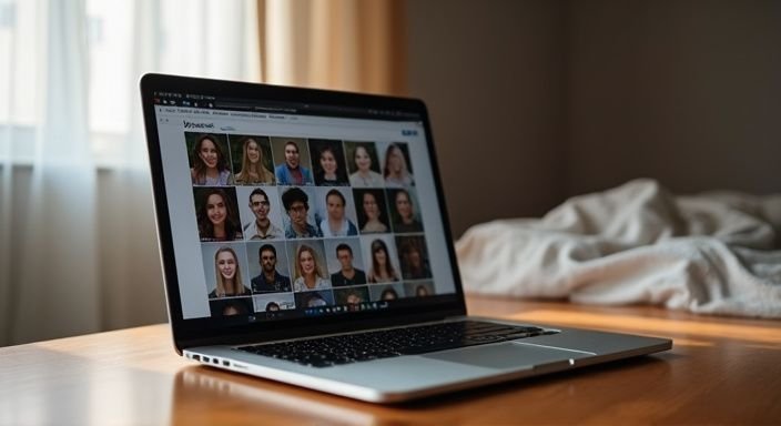 Een laptop toont profielfoto's op een datingwebsite op een bureau.