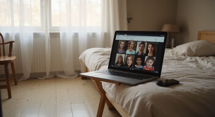 Een bescheiden slaapkamer met een laptop en een rommelige beddegoed.