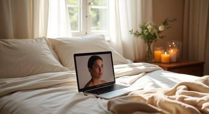 Een sfeervolle slaapkamer met een laptop en kaarslicht.