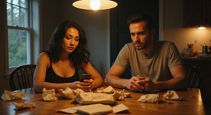 Een vrouw en een man zitten gefocust aan een rommelig tafeltje en willen een sexpartner online vinden.