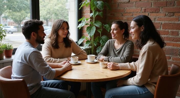 Vijf vrienden delen een gezellige bijeenkomst in een koffiebar tijdens transgender dating.