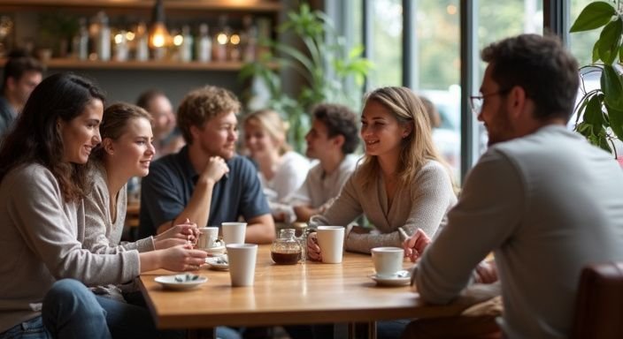 Drukke café met diverse gasten die transgender dating willen in ontspannen, inclusieve sfeer.
