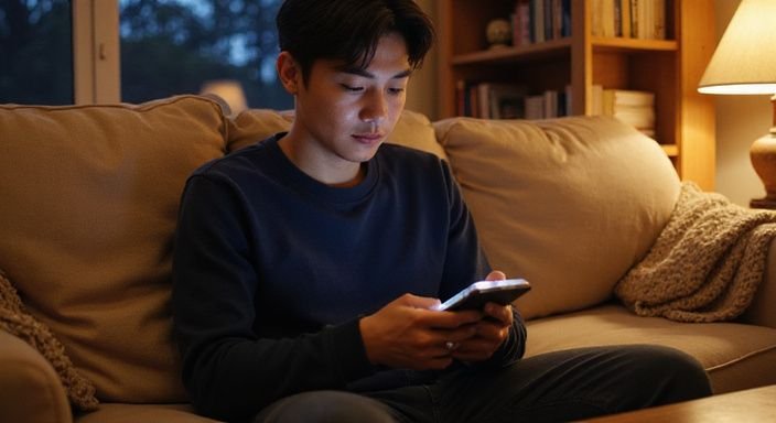 Een jonge volwassene zit ontspannen op een beige bank met een smartphone.