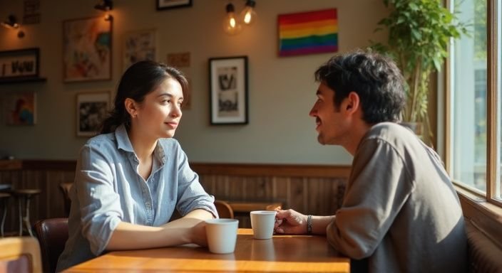 Een transgender persoon in gesprek met een ondersteunende vriend in een café.