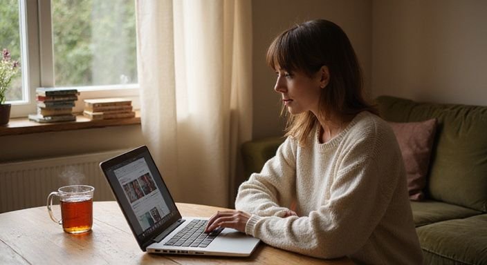 Een vrouw zoekt op haar laptop naar transgender dating.