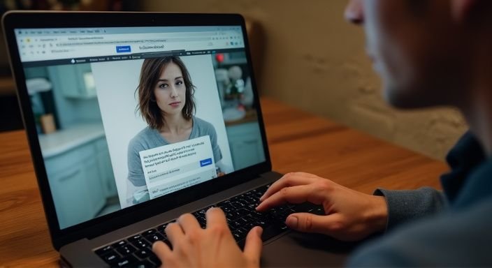 Een persoon typt op een laptop met een datingprofiel voor transgender dating zichtbaar.