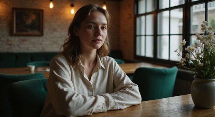Een persoon in een gezellige café-omgeving met bloemen en keramiek.