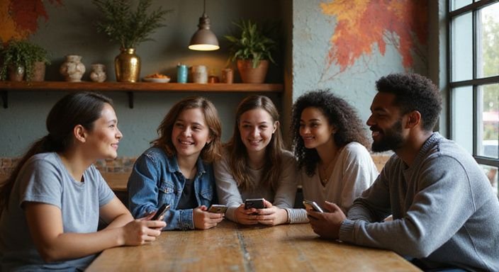 Groep jonge volwassenen deelt een warme, intieme cafésfeer rond een tafel.