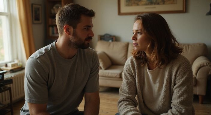 Een man en vrouw hebben een serieuze conversatie over de voordelen van vreemdgaan in een huiskamer.