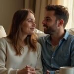 Een vrouw en man delen een intiem gesprek op een bank