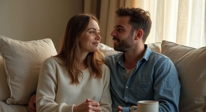 Een vrouw en man delen een intiem gesprek op een bank