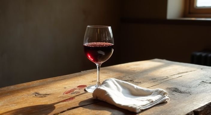 Een houten tafel met rode wijn en een bevlekt servet.