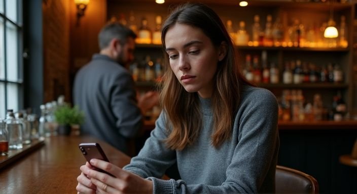 Een vrouw in een grijze trui kijkt geconcentreerd op haar smartphone.