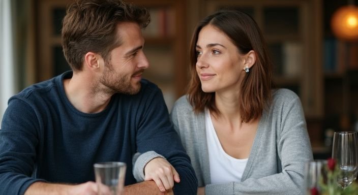Een man en vrouw zitten samen aan een houten tafel en genieten van de voordelen van vreemdgaan.