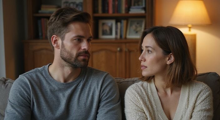 Een man en vrouw zitten naast elkaar op een bank en praten.