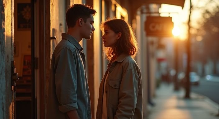 Een jongen en een meisje fluisteren buiten een eenvoudig café.