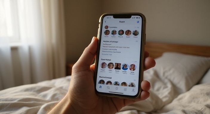 Een persoon bekijkt privéberichten op een smartphone in de slaapkamer.