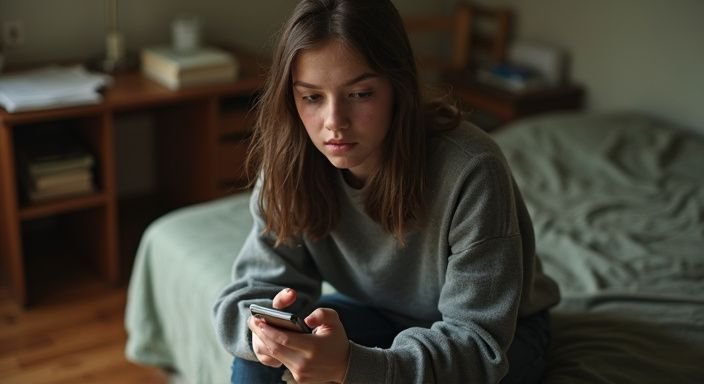 Een 16-jarig meisje zit onzeker op een bed met een smartphone.