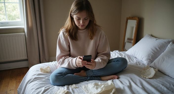 Een tienermeisje zit bezorgd op bed met een smartphone in handen.