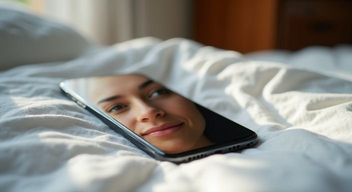 Een smartphone toont een webcam-feed van een persoon op bed. Een smartphone toont een webcam-feed van een persoon op bed.