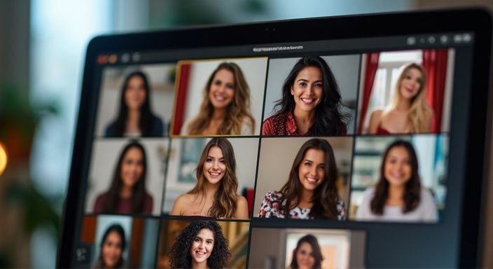 Een computer scherm met diverse webcam modellen en show miniaturen. Een computer scherm met diverse webcam modellen voor grote tieten webcamsex