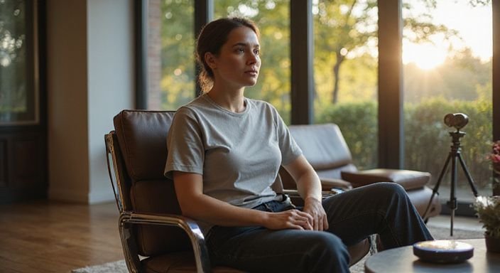 Een vrouw in een moderne kamer, relaxed en gefocust. Een vrouw in een moderne kamer, relaxed en gefocust op grote tieten webcamsex.