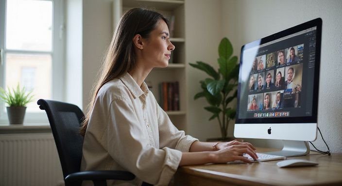 Een vrouw participeert actief in een live webcam-sessie. Een vrouw participeert actief in een live webcam-sessie voor grote tieten webcamsex.